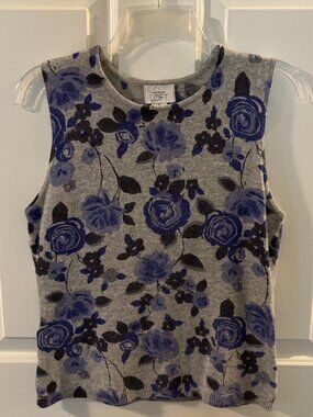 Loft Women's Gray/Blue Rose Floral Sleeveless Tank Lambswool/Angora Sweater ~ S